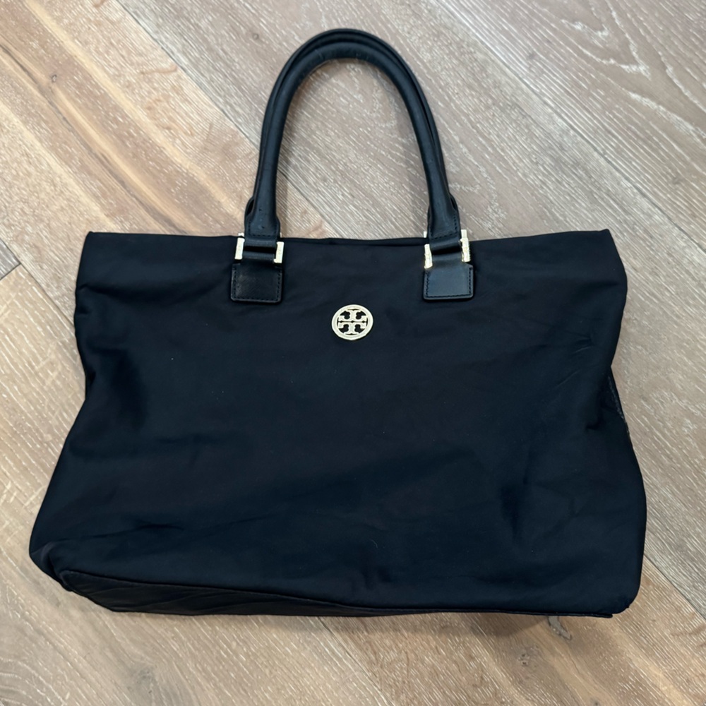 Tory Burch Black Nylon Tote Bag with Gold Accents